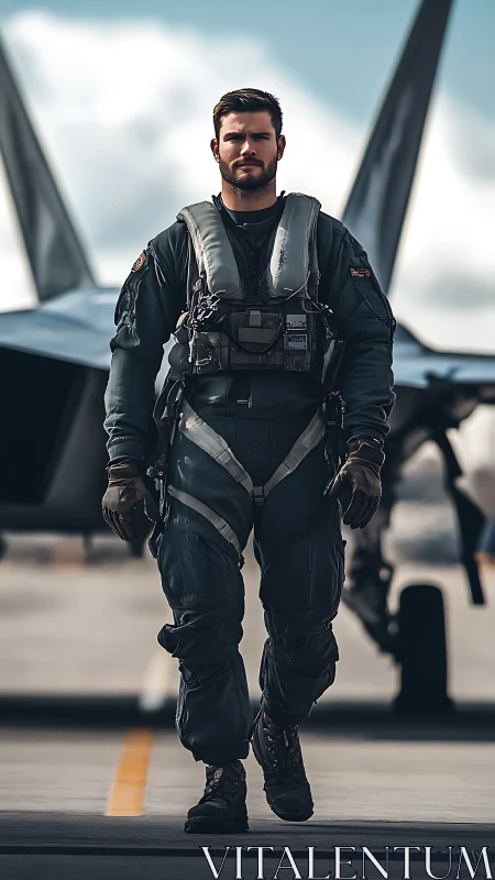 Modern fighter pilot strides from jet in cinematic perspective