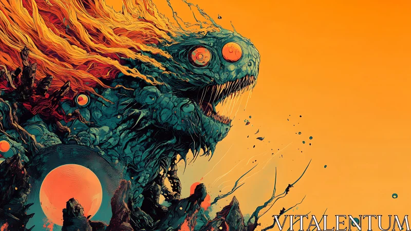 Large clawed creature head occupies frame against orange gradient