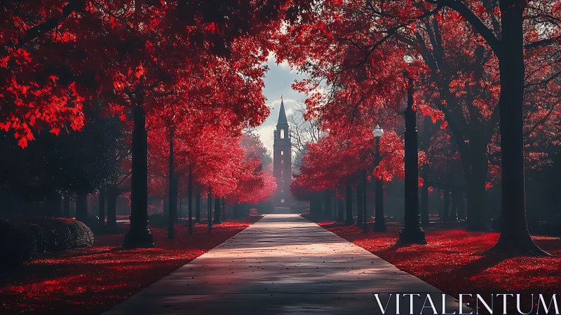 Crimson campus promenade guiding toward misty clocktower dream.