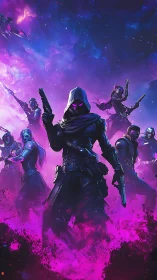 Nebula rogues rise from cosmic magenta storm, guns drawn.