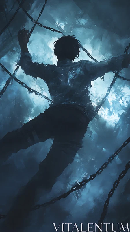 Solitary figure struggles in chains against cold blue void.