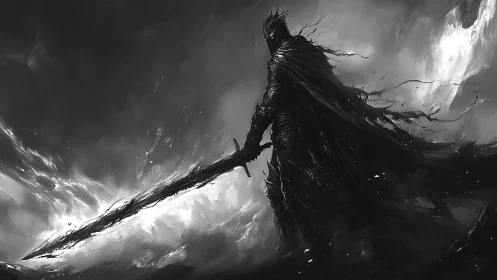 Dark armored figure with sword in monochrome storm landscape.