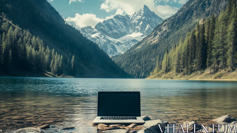 Laptop anchors serene alpine lake scene with rugged peaks.
