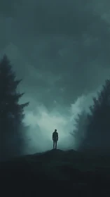 Solitary wanderer beneath brooding forest skies.