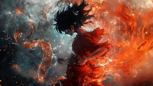 Dynamic anime warrior engulfed in turbulent elemental fire energy
