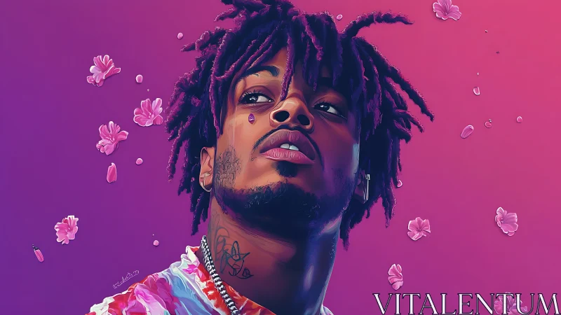 Digital portrait with neon gradient backdrop and floral drift.