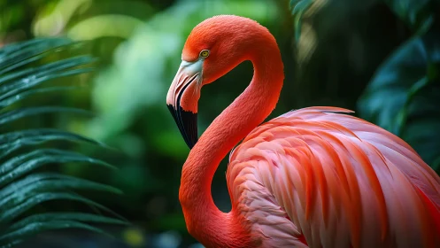Vibrant Flamingo Portrait in Lush Green Jungle, Photorealistic Style.