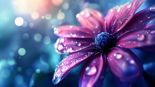 Magenta Daisy With Dew Drops and Blue Center.