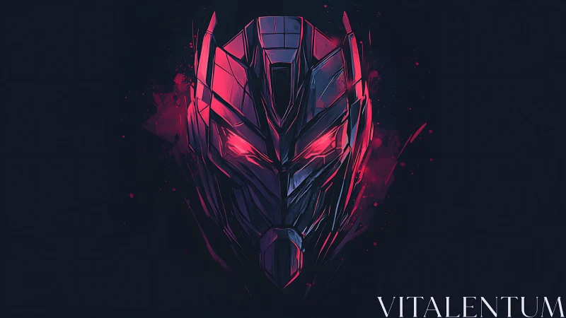 Angular cybernetic helmet portrait with magenta neon cores