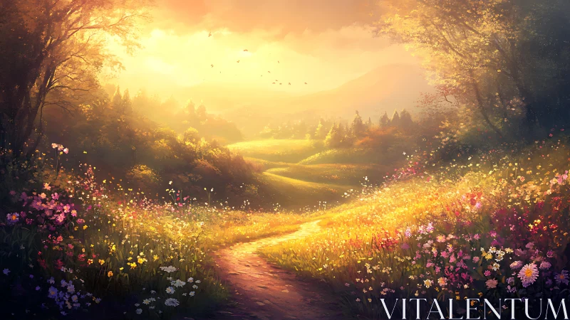 Sunlit wildflower valley glows around winding country path