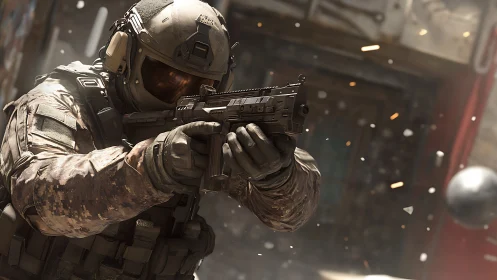 Armored soldier advances through chaotic urban firefight