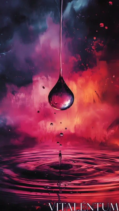 Suspended water droplet over rippling reflective surface.