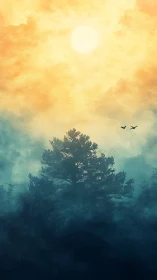 Sunlit mist above solitary tree with distant flying birds.