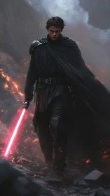 Dark warrior with red energy sword in volcanic terrain.