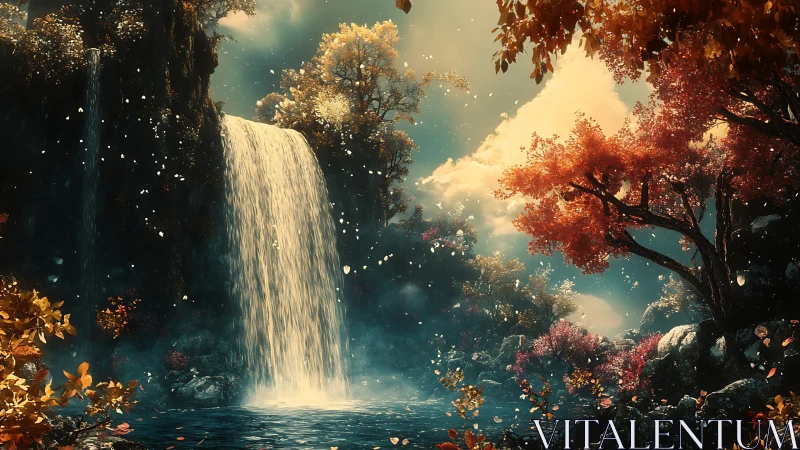 Autumnal fantasy waterfall framed by high contrast foliage and mist