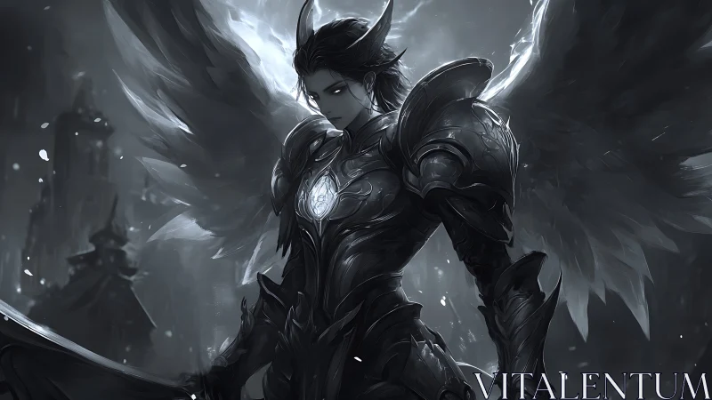 Dark winged angelic knight in ornate armor stands vigilant.