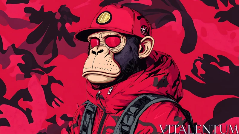 Stylized monkey in red streetwear against camo backdrop.