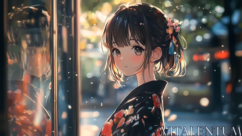 Kimono-clad girl in sunset bokeh beside reflective glass pane.