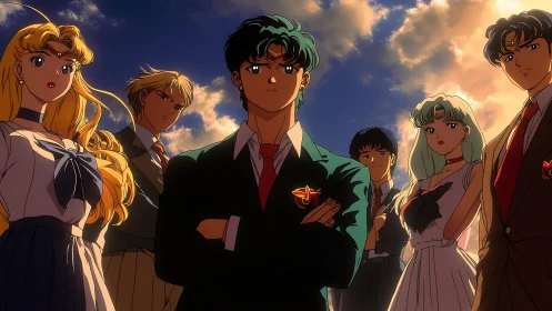 Confident anime friends standing strong under a glowing sky.