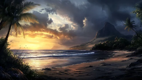 Tropical Sunset Over a Secluded Paradise Beach.