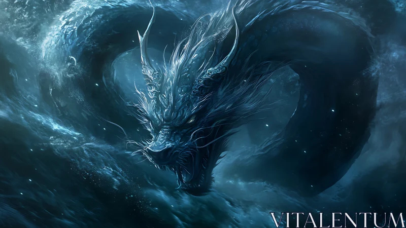 Ocean serpent dragon coils in stormy moonlit waves