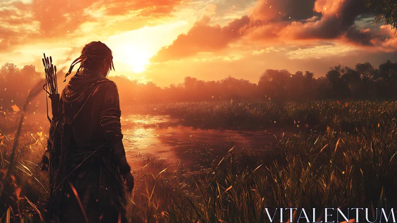 Sunset wanderer pausing by a glowing wild riverside path.