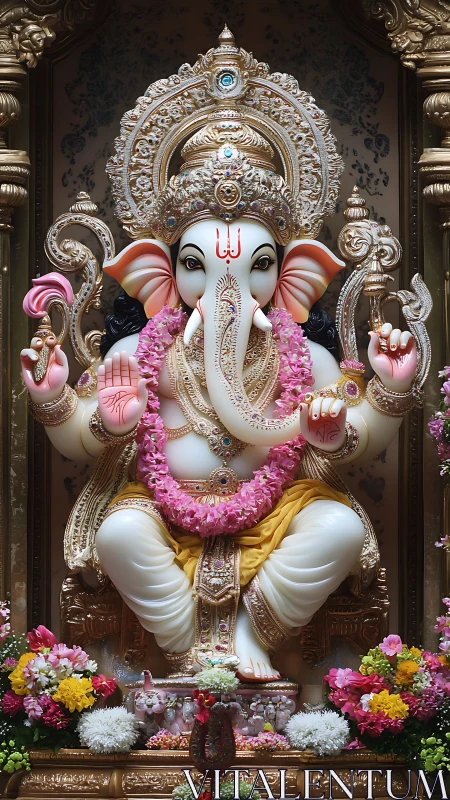 Elephant deity in jeweled splendor amid cascading blossoms.