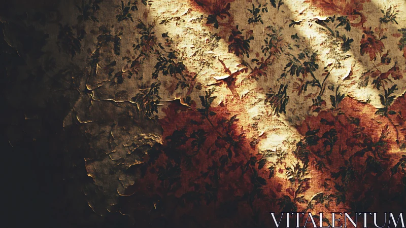 Distressed floral wallpaper in chiaroscuro photographic study.