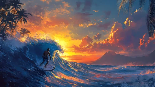 Golden sunset surfer rides glowing tropical evening wave