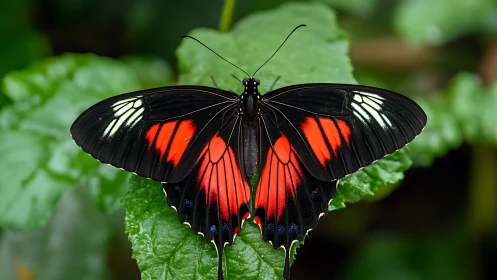 Radiant black and red butterfly rests calmly on lush leaf
