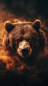 Thermal-gradient ursine portrait emerging from incendiary haze.