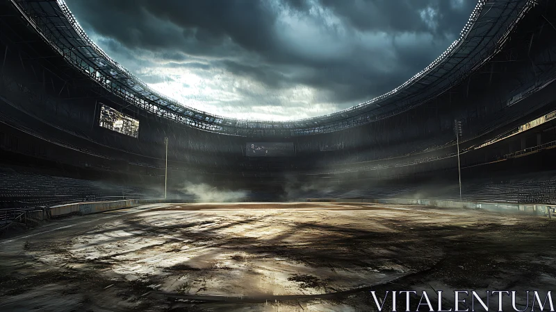 Deserted stormlit stadium bowl under heavy dramatic sky.