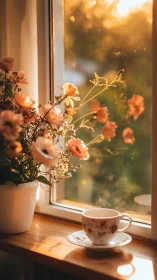 Golden hour transmission through floral window tableau.
