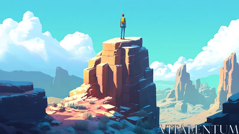 Lone hiker surveys sunlit desert mesa under bright sky