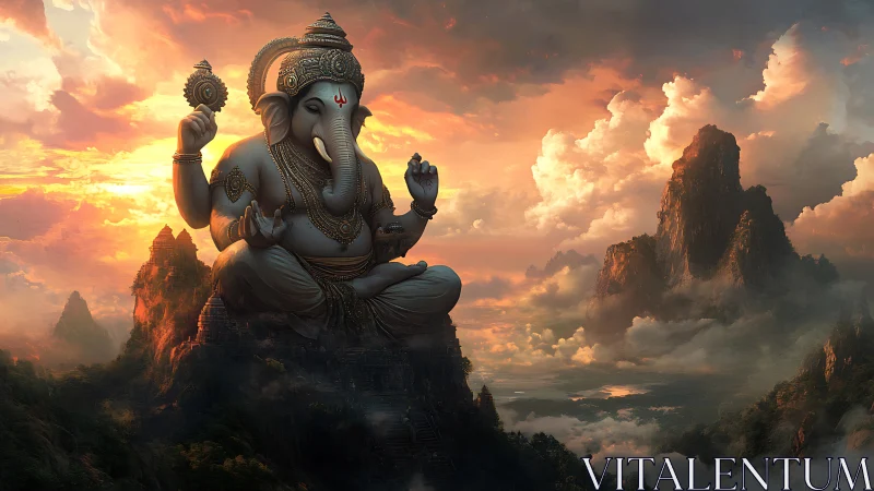 Majestic elephant deity over misty mountains at dusk.
