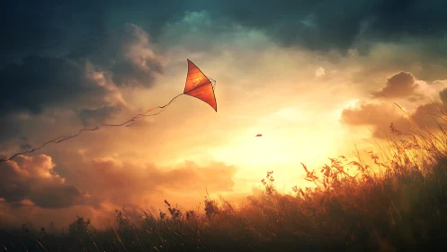 Sunset kite drifts over glowing meadow and stormy clouds.