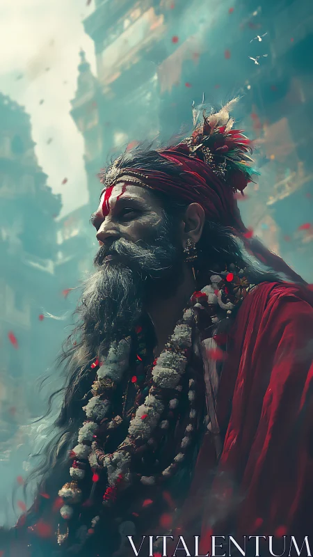 Mystic elder in scarlet robes rendered as atmospheric digital portrait