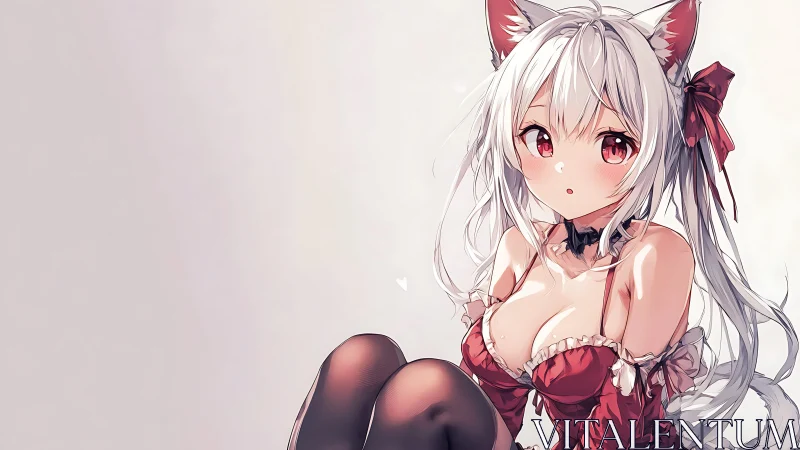White-haired anime catgirl poses in red frilled outfit.