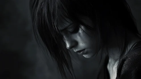 Rain-soaked reverie on a silent face of shadowed sorrow.