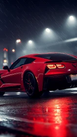 Rear three-quarter red sports coupe on wet neon city street