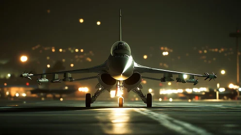 Military jet fighter stands on runway under night lighting