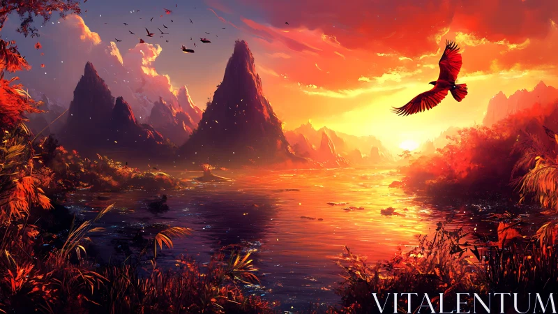 Fiery sunset river valley glows beneath soaring raptor.