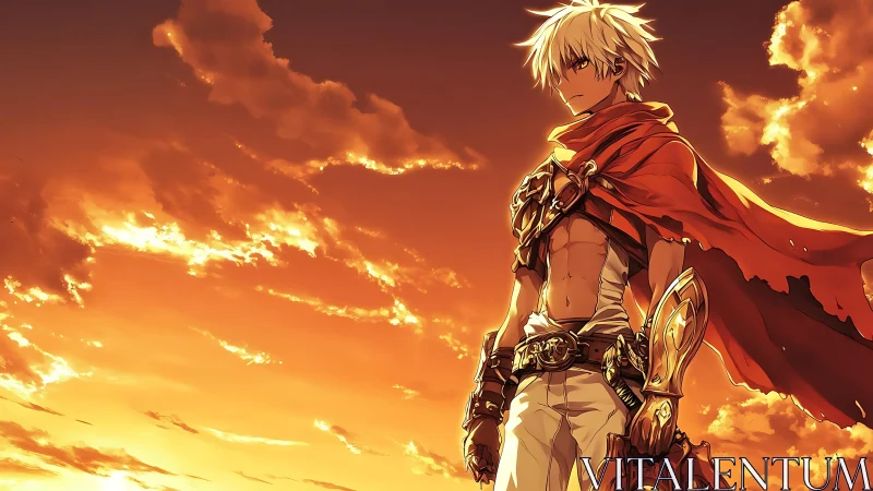 Sunset-armored anime sentinel under high-saturation skyfield.