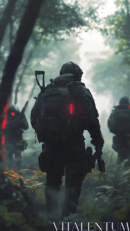 Futuristic soldiers advance through misty forest battlefield.