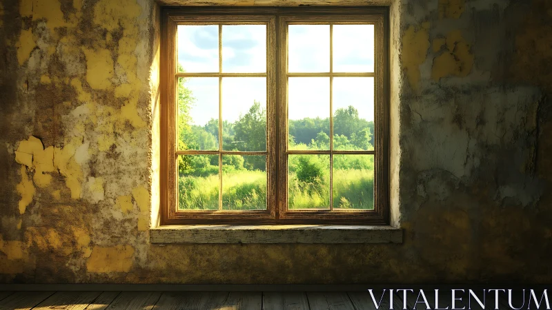 Sunlit rural window frames lush summer meadow view.