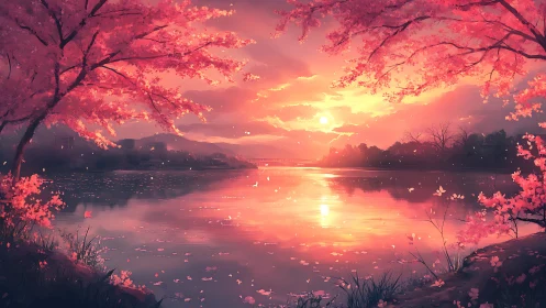 Sunset over calm river framed by pink blossom trees.