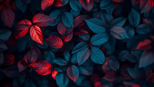 Red and blue leaves in contrasting neon style pattern.