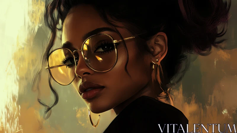 Golden glow portrait of a stylish woman in round glasses.