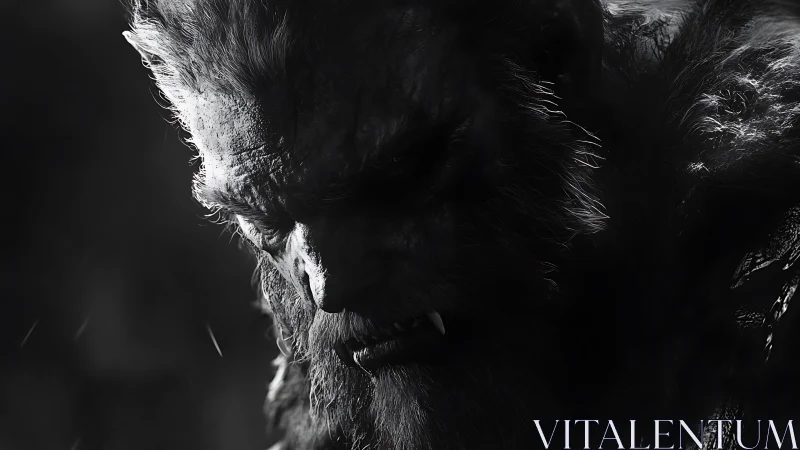 Monochrome werewolf portrait renders dramatic chiaroscuro tension