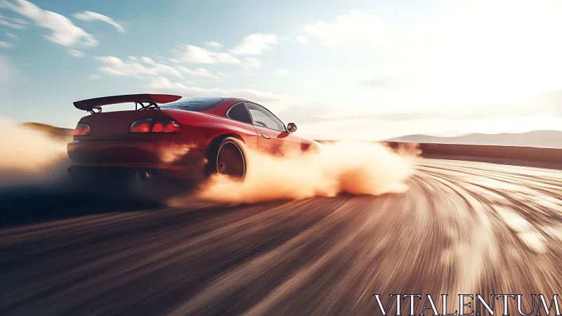 Red sports coupe drifting on curved track at sunset.
